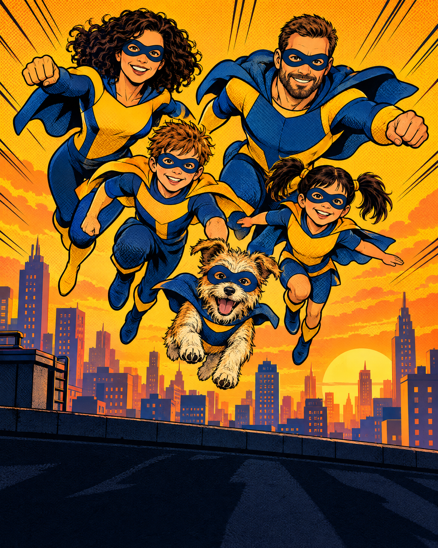 A family drawn as comic-book heroes